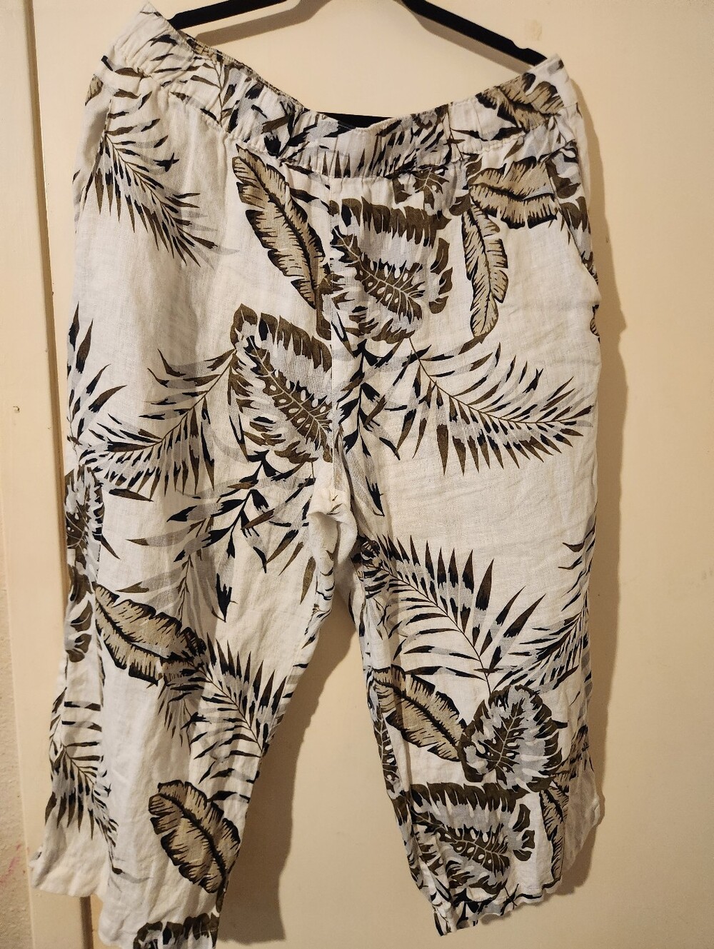 Women's White/olive Tropical Print Wide Leg Linen Pants XL